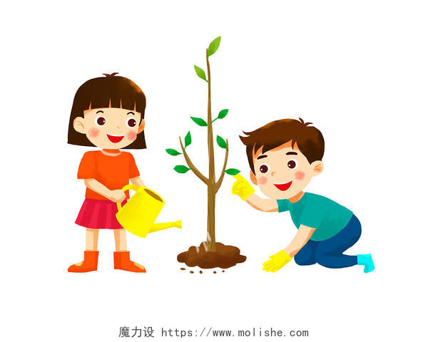 彩色手绘卡通儿童种植种树植树节元素PNG素材